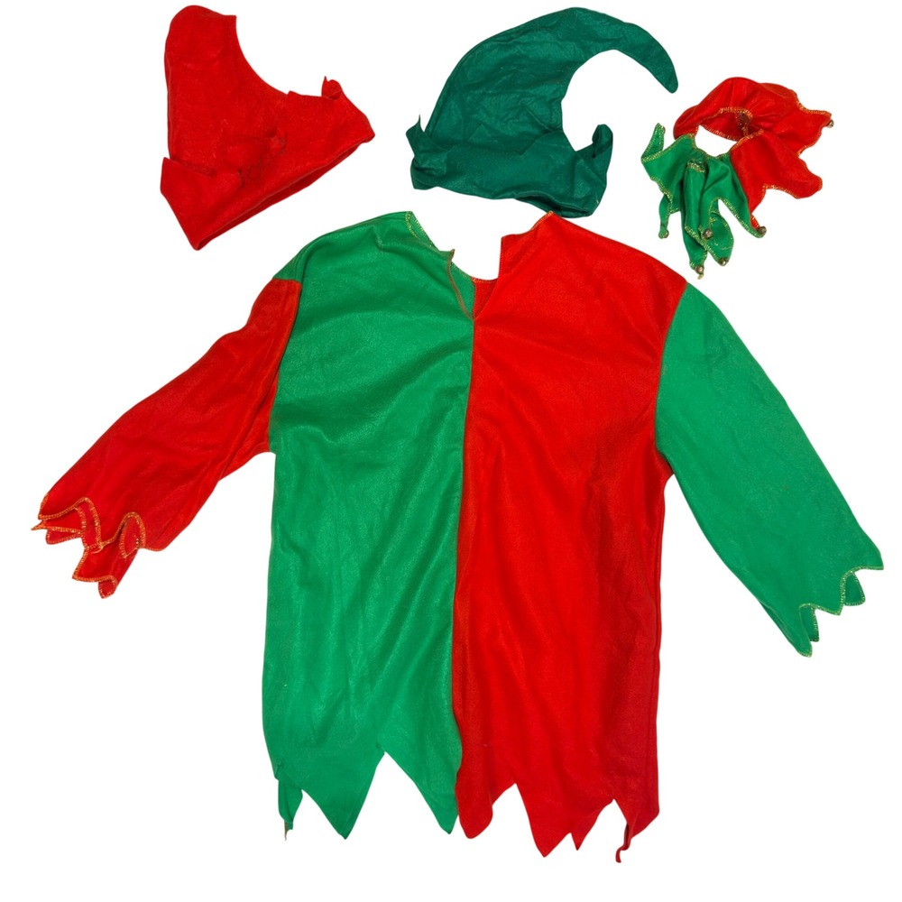 Christmas Elf Costume Set Adult Red Green Felt Tunic Hat Bell Collar Holiday Fun